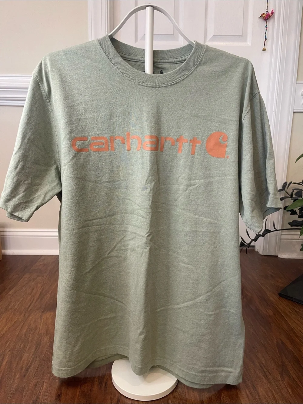 Carhartt Loose Fit Short Sleeve T Shirt Sage Green Orange Chest Logo Medium